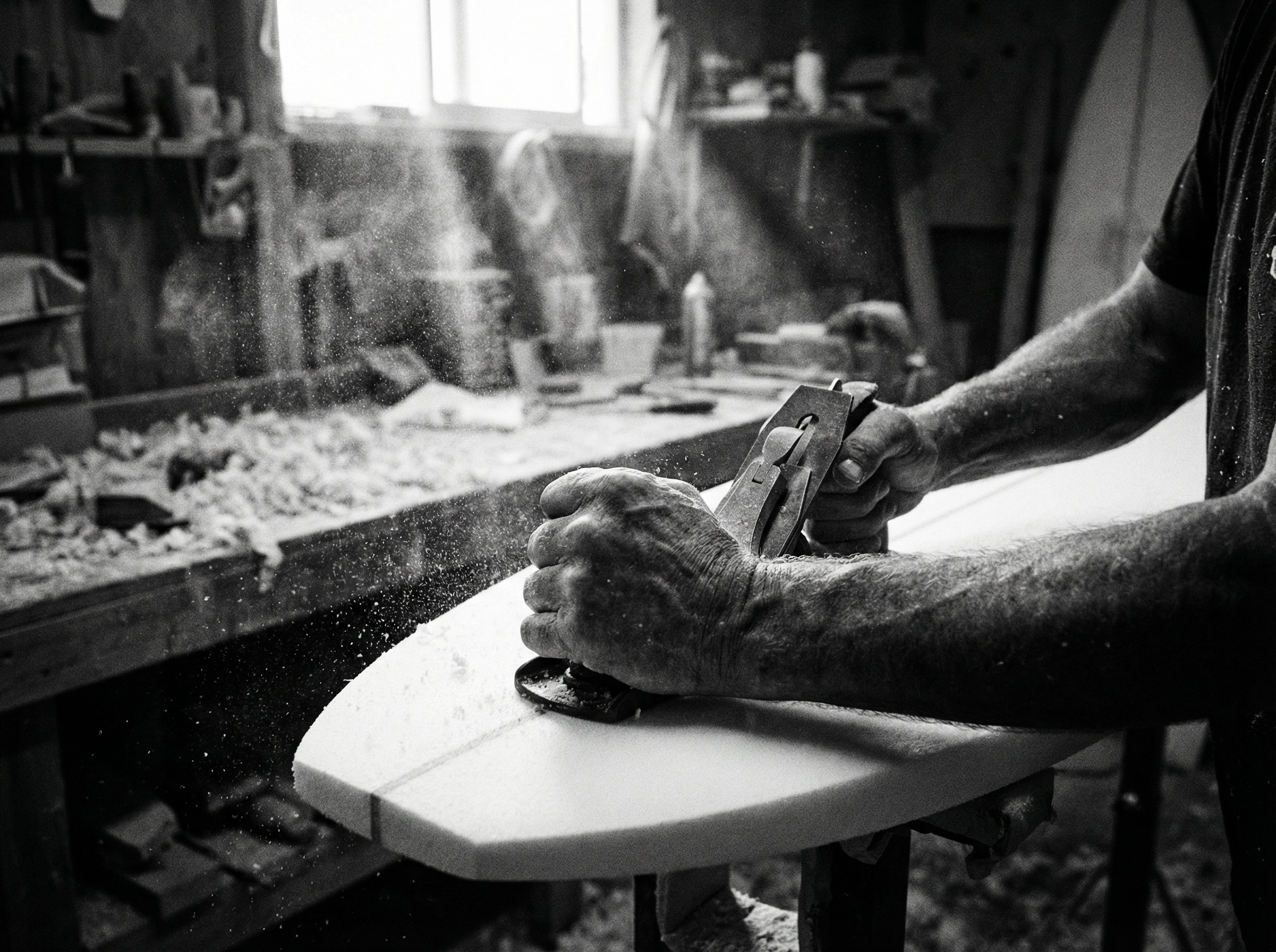 Hands shaping a surfboard, black and white