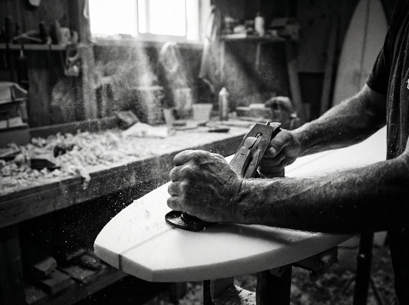 Hands shaping a surfboard, black and white